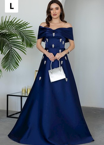 Lacivert Taşlı Straplez Uzun Abiye - Görsel 2