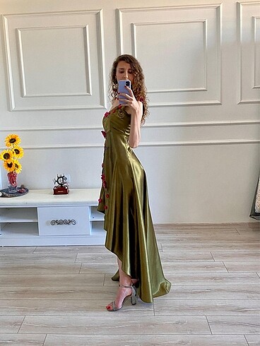 l Beden haki Renk Tek omuzlu tasarım abiye balo elbisesi
