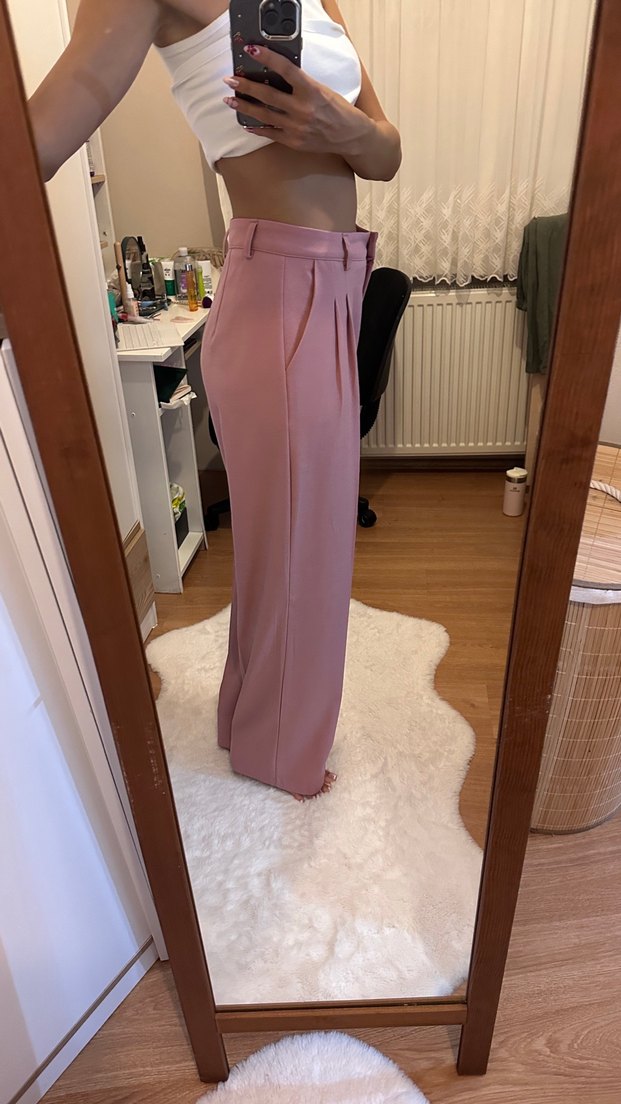 Pembe Pilili Midi Kumaş Pantolon - Görsel 2