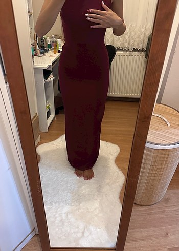 Bordo Drapeli Uzun Straplez Elbise - Görsel 3