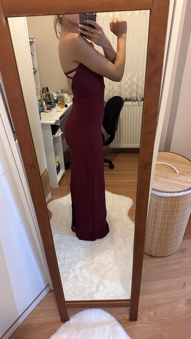 Bordo Drapeli Uzun Straplez Elbise - Görsel 2