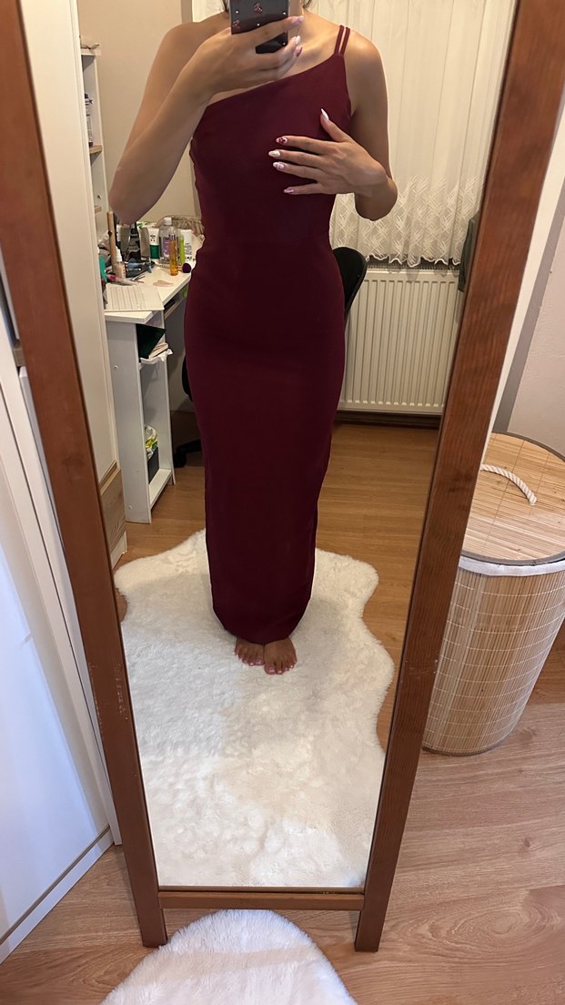 Bordo Drapeli Uzun Straplez Elbise - Görsel 3