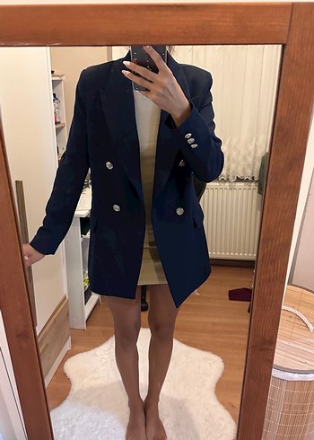Düğmeli Lacivert Mini Kadın Blazer - Görsel 3