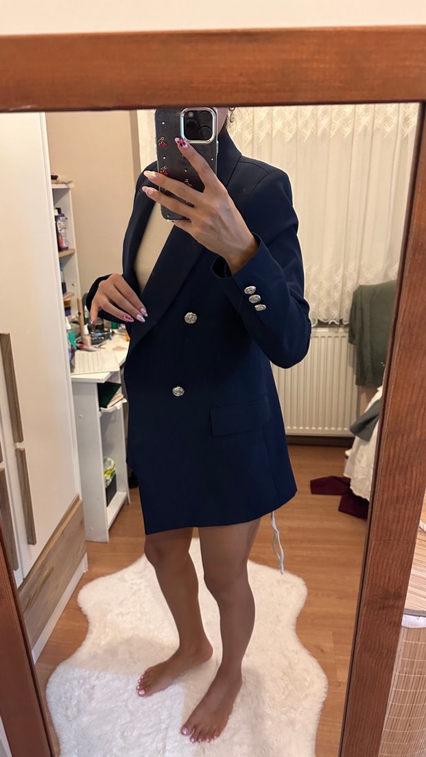 Düğmeli Lacivert Mini Kadın Blazer - Görsel 2