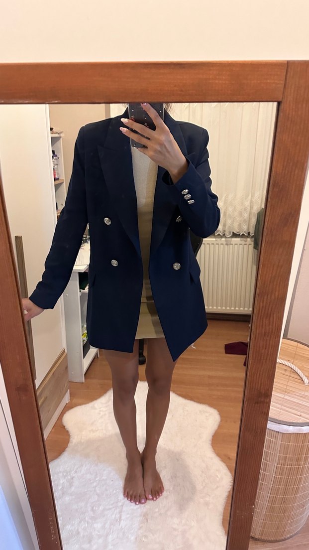 Düğmeli Lacivert Mini Kadın Blazer - Görsel 3
