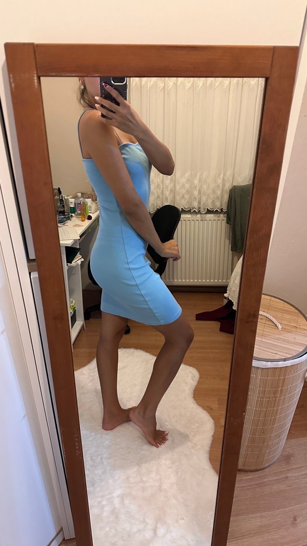 Mavi İnce Askılı Mini Elbise - Görsel 2