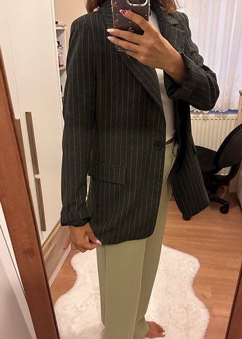 Çizgili Gri Kadın Blazer Ceket - Görsel 2