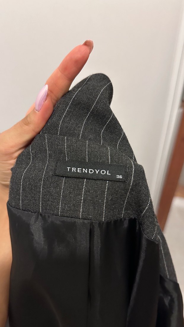 Çizgili Gri Kadın Blazer Ceket - Görsel 4