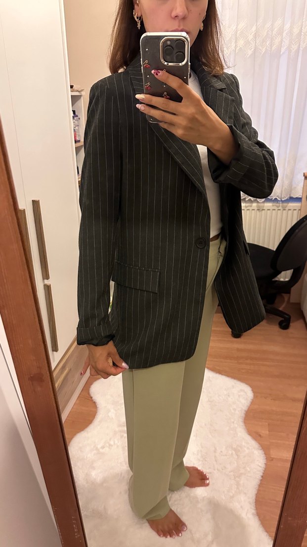 Çizgili Gri Kadın Blazer Ceket - Görsel 2