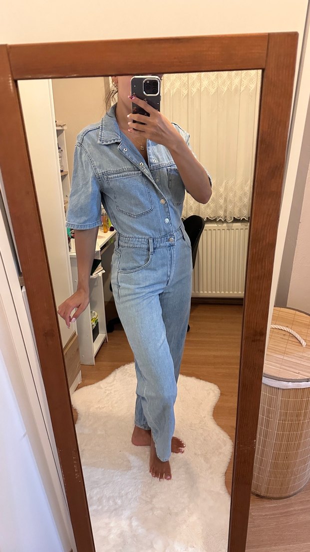 Mavi Denim Midi Tulum, Kısa Kollu, Düğmeli - Görsel 2