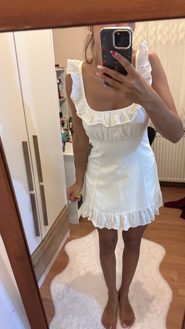 Fırfırlı Beyaz Midi Elbise - Görsel 4