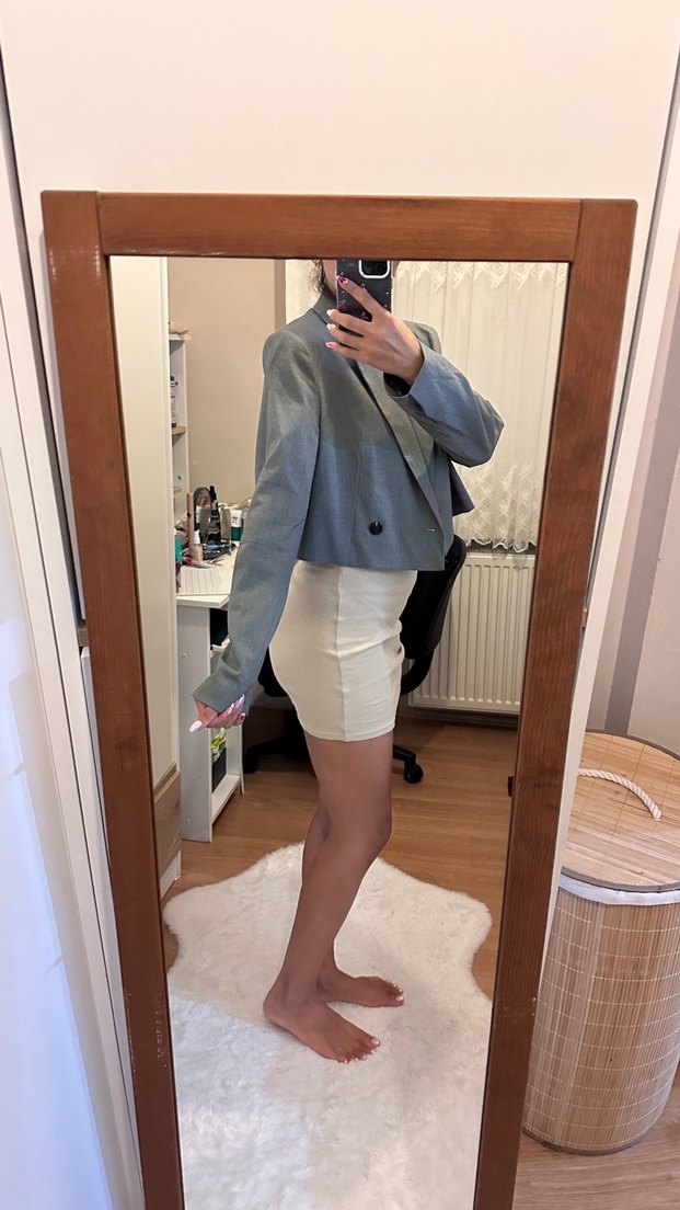 Gri Mini Düğmeli Kadın Blazer - Görsel 2