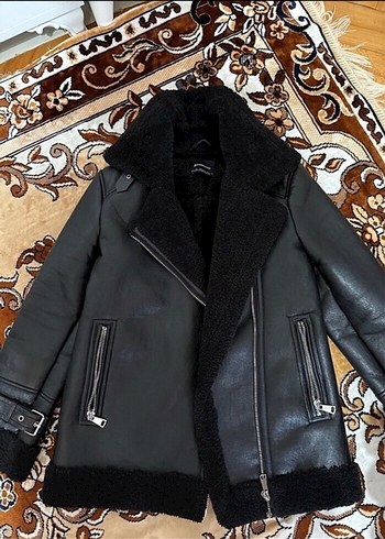 xs Beden Kürk Detaylı Siyah Deri Biker Ceket