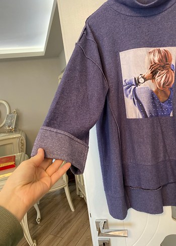 #seçiltunik 
Mor Yüksek Yakalı Örme Sweatshirt - Görsel 2