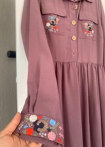 Mor Etnik Desenli Uzun Salaş Elbise - Görsel 3