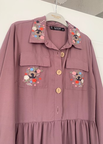 Mor Etnik Desenli Uzun Salaş Elbise - Görsel 4