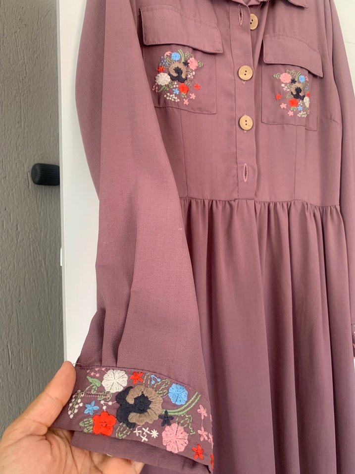 Mor Etnik Desenli Uzun Salaş Elbise - Görsel 3