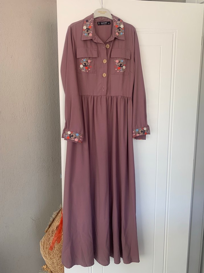 Mor Etnik Desenli Uzun Salaş Elbise - Görsel 2