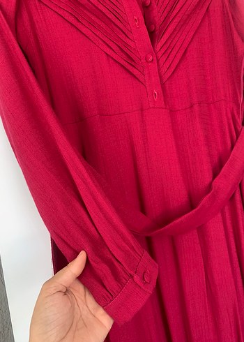 Fuşya Uzun Kollu Piliseli Bohem Elbise - Görsel 3