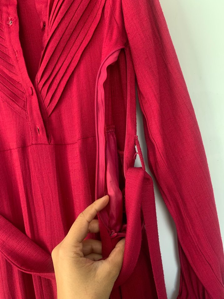 Fuşya Uzun Kollu Piliseli Bohem Elbise - Görsel 4