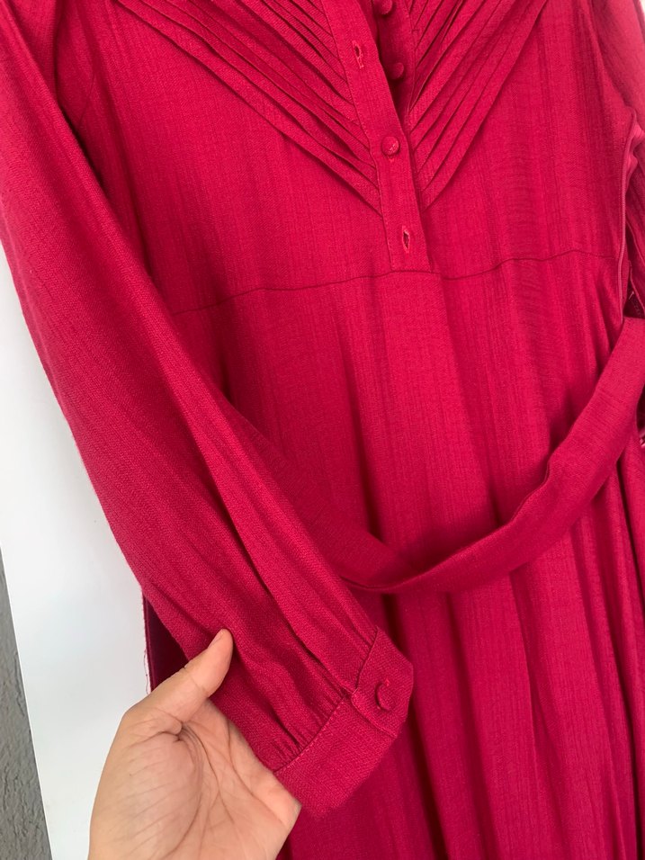 Fuşya Uzun Kollu Piliseli Bohem Elbise - Görsel 3