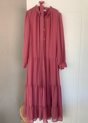 Pembe Uzun Kat Katlı şifon Bohem Elbise - Görsel 2