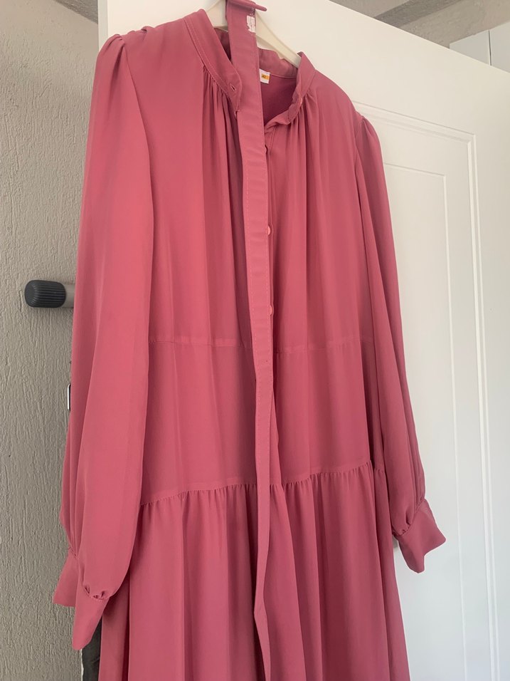 Pembe Uzun Kat Katlı şifon Bohem Elbise - Görsel 4