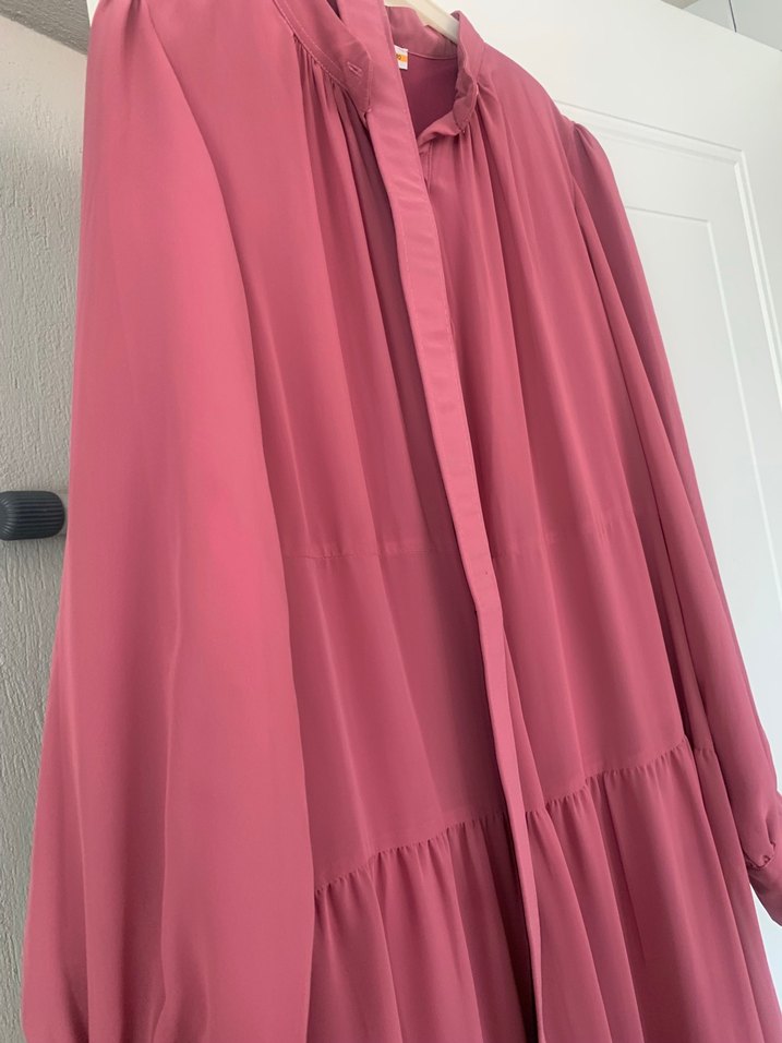 Pembe Uzun Kat Katlı şifon Bohem Elbise - Görsel 3