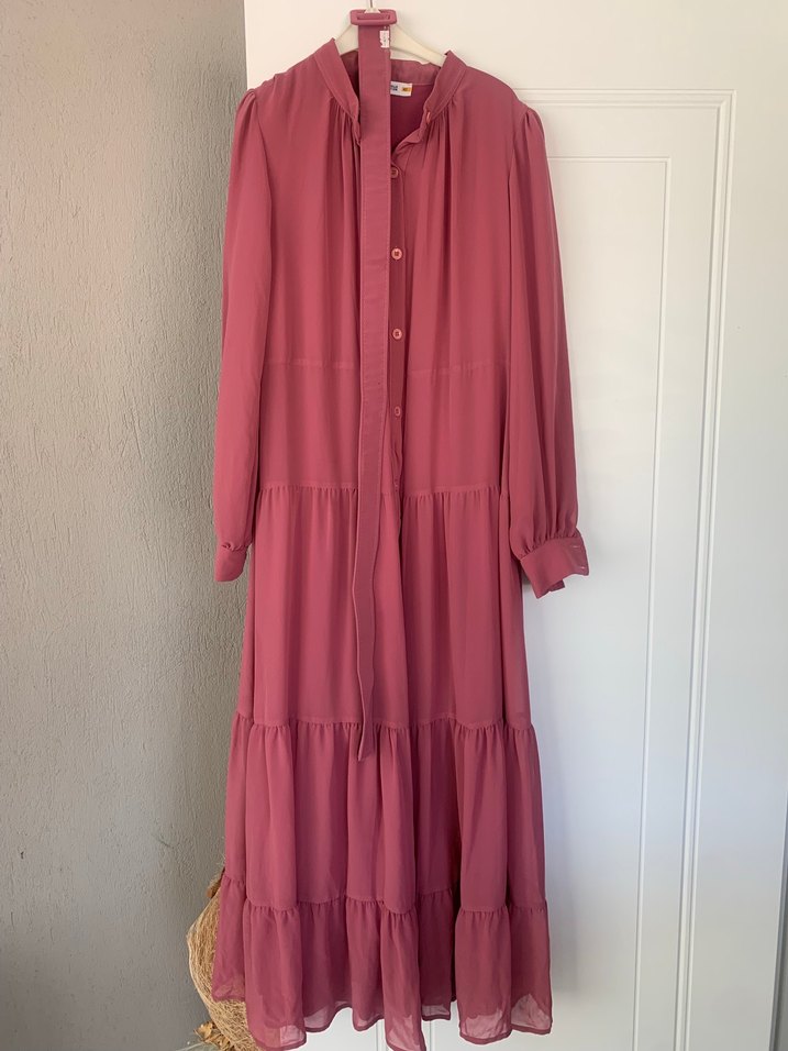 Pembe Uzun Kat Katlı şifon Bohem Elbise - Görsel 2