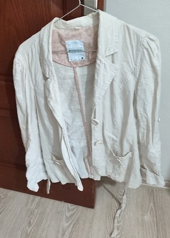 Bej Keten Düğmeli Midi Kadın Ceket - Görsel 4