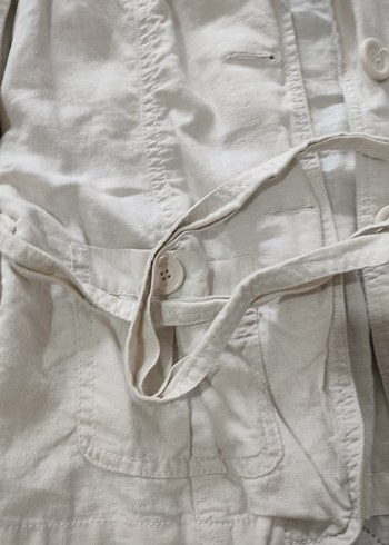 Bej Keten Düğmeli Midi Kadın Ceket - Görsel 3