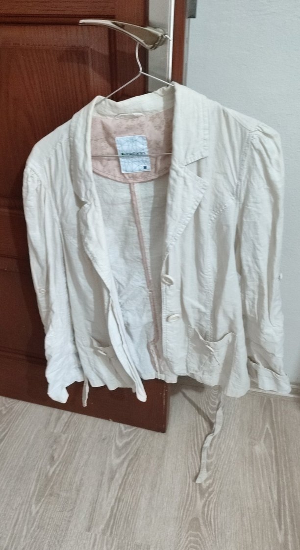 Bej Keten Düğmeli Midi Kadın Ceket - Görsel 4