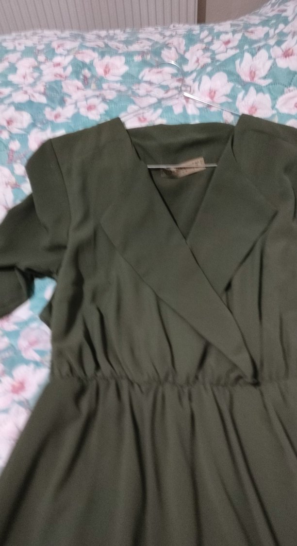 Yeşil V Yaka midi boy Salaş Elbise - Görsel 3