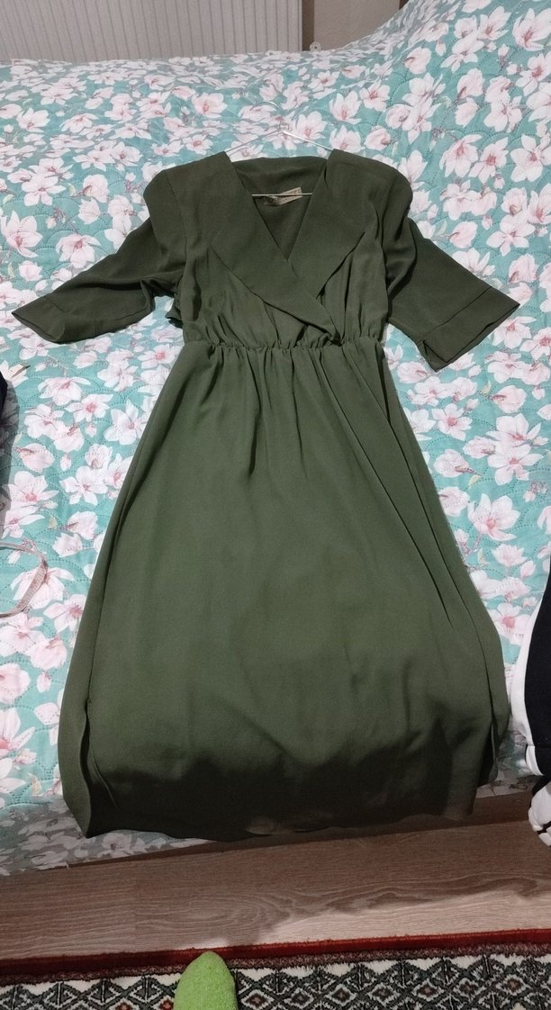 Yeşil V Yaka midi boy Salaş Elbise - Görsel 2