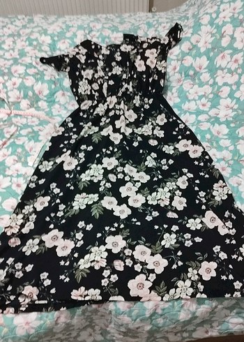 Siyah Çiçekli midi boy Bohem Salaş Elbise - Görsel 2