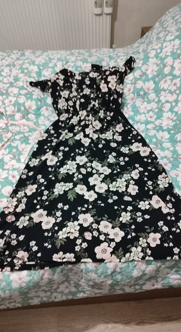 Siyah Çiçekli midi boy Bohem Salaş Elbise - Görsel 2