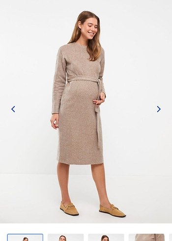 Uzun Kollu Bej Hamile Triko Elbise - Görsel 6