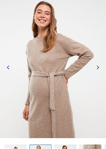 Uzun Kollu Bej Hamile Triko Elbise - Görsel 2