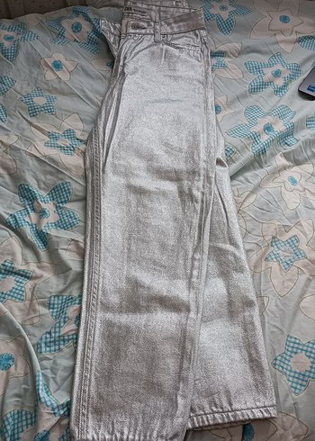 Gri Parlak Metalik Kadın Midi Jean - Görsel 9