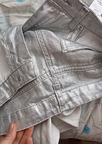 Gri Parlak Metalik Kadın Midi Jean - Görsel 6