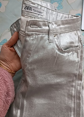 Gri Parlak Metalik Kadın Midi Jean - Görsel 4