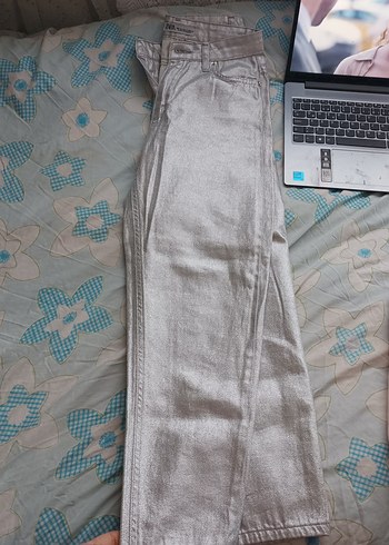 Gri Parlak Metalik Kadın Midi Jean - Görsel 7