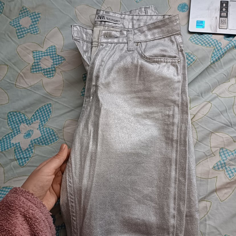 Gri Parlak Metalik Kadın Midi Jean - Görsel 5