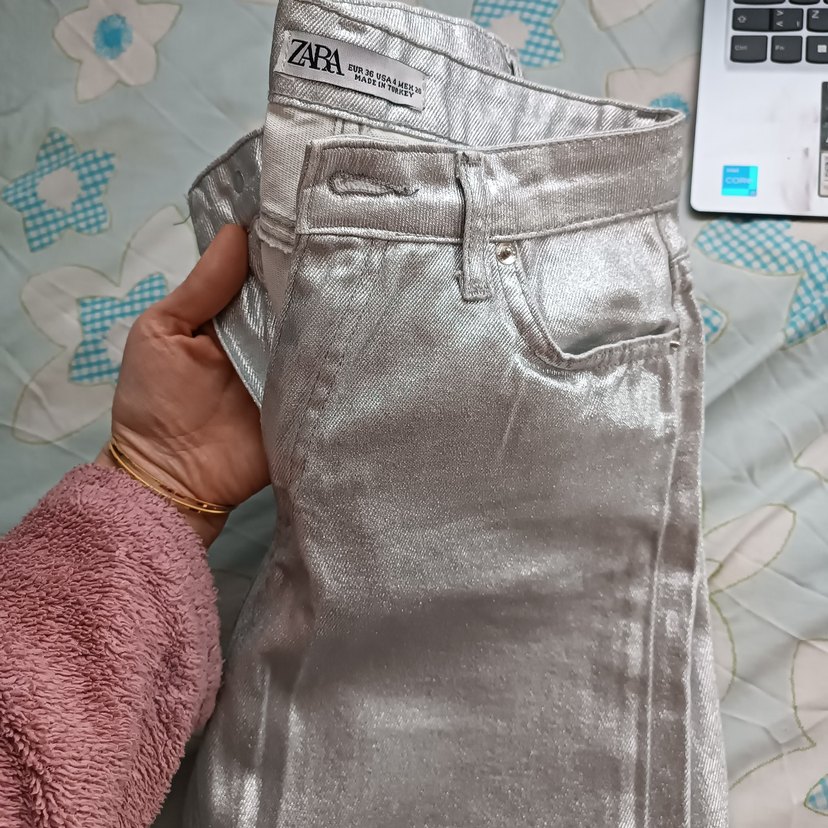 Gri Parlak Metalik Kadın Midi Jean - Görsel 4