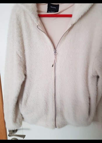 Beyaz Kapüşonlu Peluş Kadın Ceket - Görsel 2