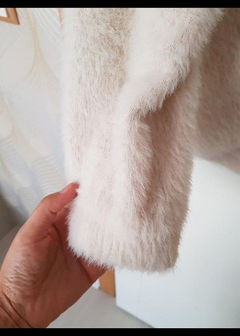 Beyaz Kapüşonlu Peluş Kadın Ceket - Görsel 5