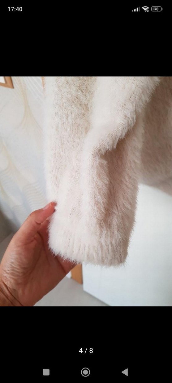 Beyaz Kapüşonlu Peluş Kadın Ceket - Görsel 5