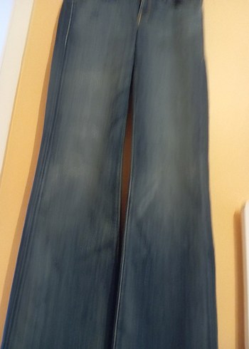 Kadın Lacivert Belli Geniş Paça Kot Pantolon - Görsel 2