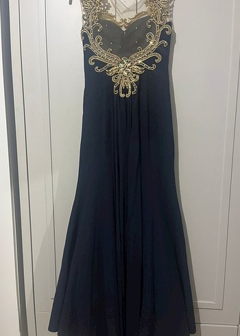 Altın İşlemeli V Yakalı Uzun Abiye Elbise - Görsel 6