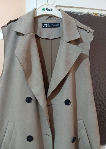 Bej Süet Düğmeli Uzun Kadın Trençkot - Görsel 2